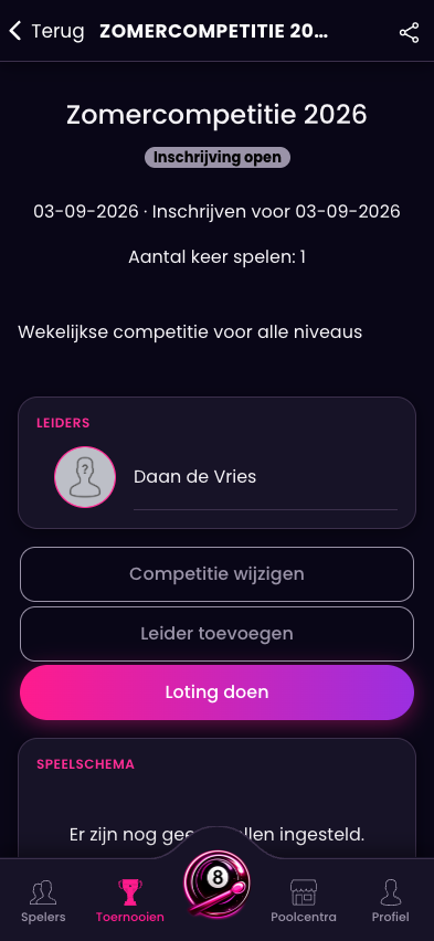 Competitiedetails in de Pro Pool app