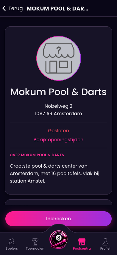Poolcentrum in de Pro Pool app