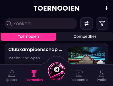 Overzicht van toernooien in de Pro Pool app