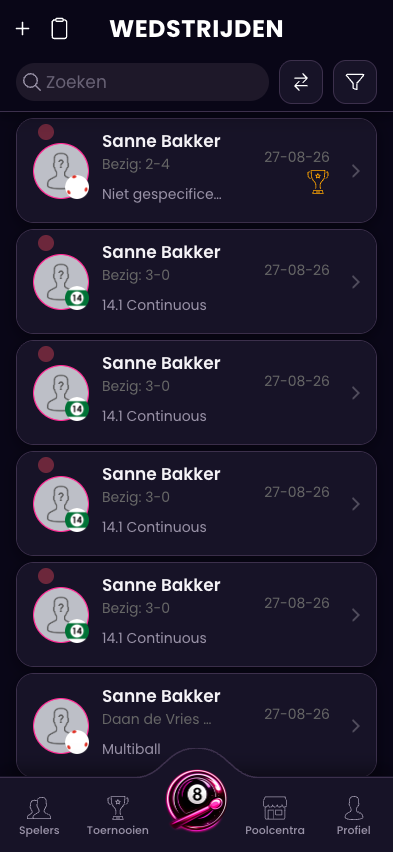 Overzicht van wedstrijden in de Pro Pool app