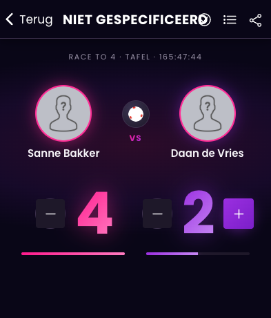 Live scorebord in de Pro Pool app